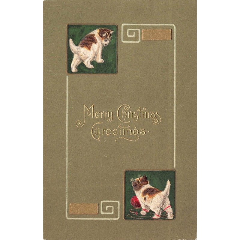 n°30070 - Carte Gaufrée - Merry Christmas Greetings - Deux chats, l'un jouant avec une pelote de laine