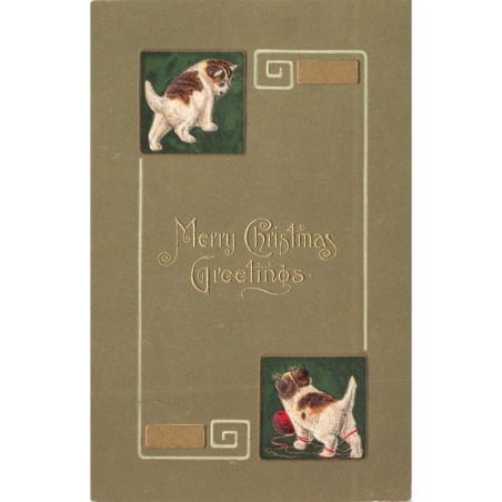 n°30070 - Carte Gaufrée - Merry Christmas Greetings - Deux chats, l'un jouant avec une pelote de laine