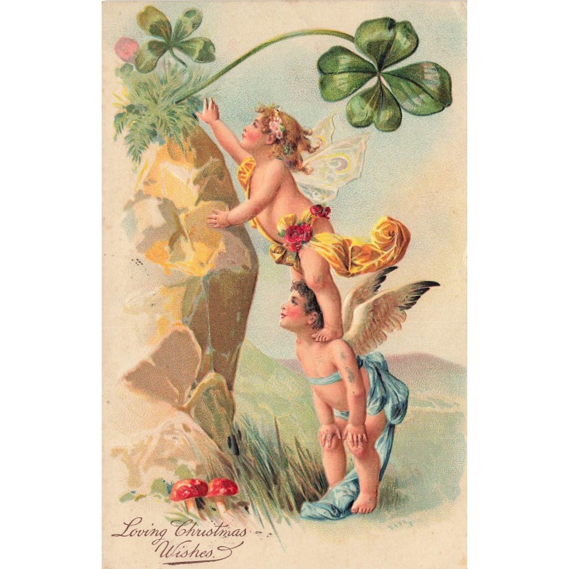 n°30072 - Carte Gaufrée - Noël - Loving Christmas Wishes - Anges essayant de cueillir un trèfle