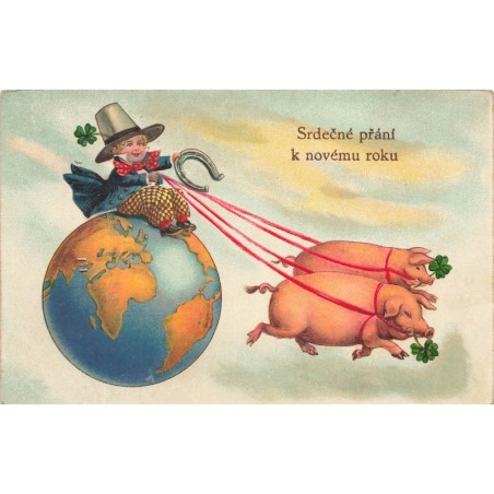 n°30073 - Nouvel An - Srdecnéprani k novému roku - Garçon assis sur un globe tiré par des cochons