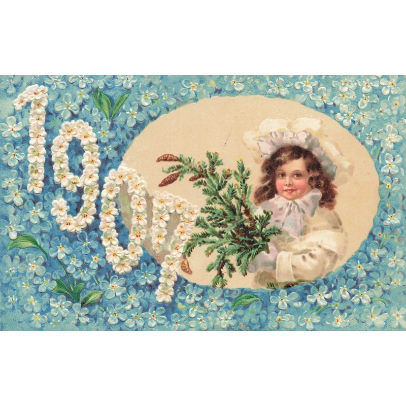 n°30074 - Carte Gaufrée - Nouvel An - 1907 - Fillette portant une branche de sapin, fleurs