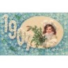 n°30074 - Carte Gaufrée - Nouvel An - 1907 - Fillette portant une branche de sapin, fleurs