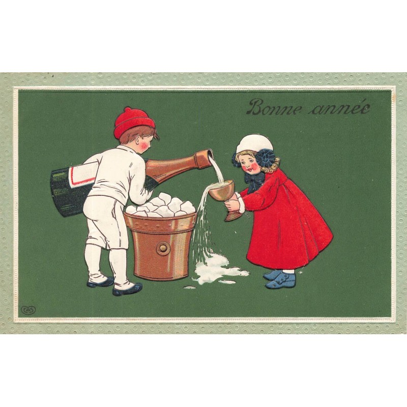 n°30076 - Carte Gaufrée - Bonne Année - Garçon servant du champagne à une jeune fille