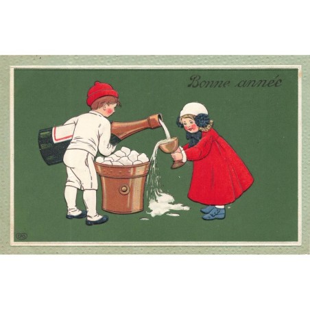 n°30076 - Carte Gaufrée - Bonne Année - Garçon servant du champagne à une jeune fille