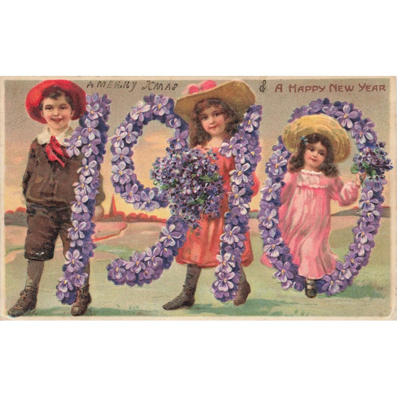 n°30077 - Carte Gaufrée - A Happy New Year 1910 - Enfants - Violettes