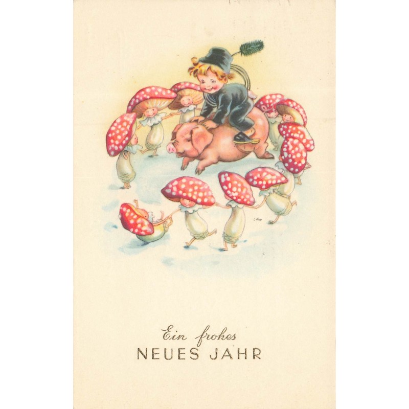 n°30081 - Ein frohes Neues Jahr - Ramoneur sur le dos d'un cochon entouré de champignons humanisés