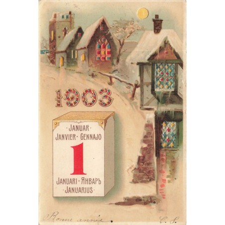 n°30082 -Carte à Système - Hold to light - Nouvel An 1903 - Village