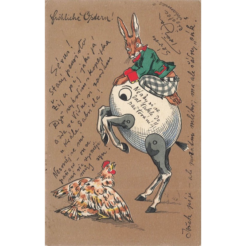 n°30084 - Pâques - Fröhliche Ostern - Lièvre habillé sur le dos d'un oeuf humanisé près d'une poule