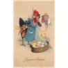 n°30087 - Joyeuses Pâques - Poule habillée au téléphone près d'un panier rempli d'oeufs