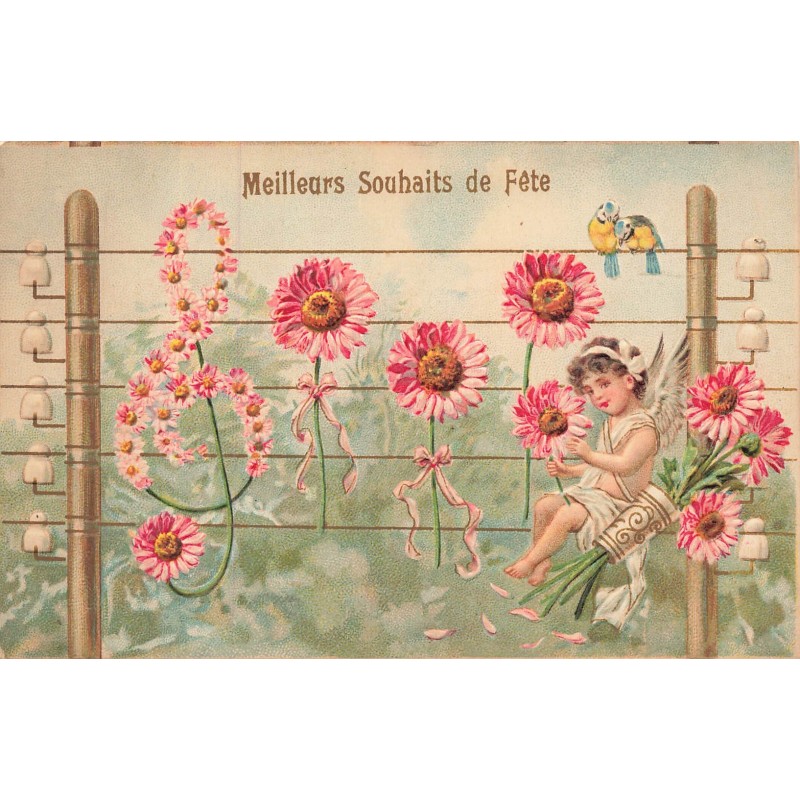n°30092 - Carte Gaufrée - 3529 - Meilleurs Souhaits de Fête - Ange assis sur des fils électriques avec des fleurs