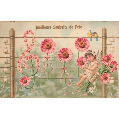 n°30092 - Carte Gaufrée - 3529 - Meilleurs Souhaits de Fête - Ange assis sur des fils électriques avec des fleurs
