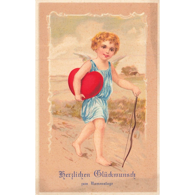 n°30094 - Carte Gaufrée - Ange se promenant avec un coeur et un arc