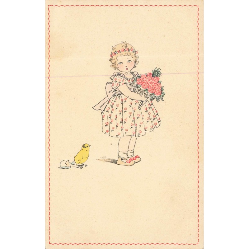 n°30105 - Illustrateur P. Ebner - Poussin près d'une fillette tenant un bouquet de roses