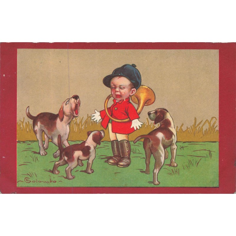 n°30106 - Illustrateur E. Colombo - Garçon avec un cor de chasse, au milieu de chien
