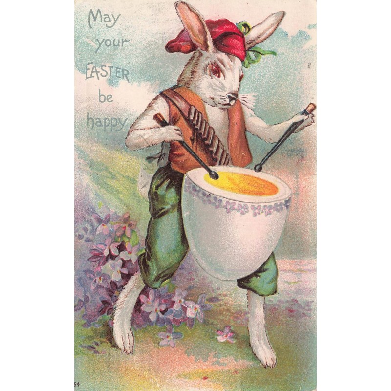 n°30110 - Carte Gaufrée - Pâques - May your easter be happy - Lièvre habillé jouant de la musique
