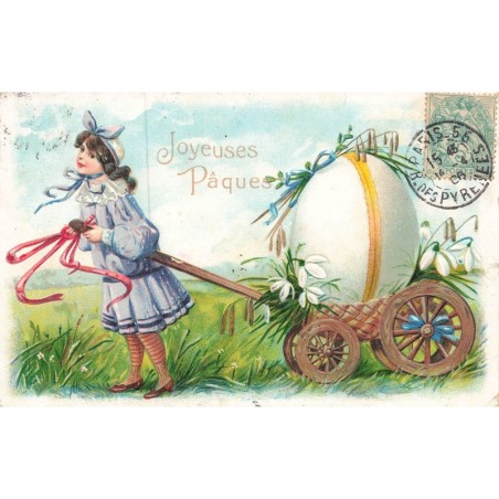 n°30112 - Carte Gaufrée - Joyeuses Pâques - Jeune fille tirant un gros oeuf