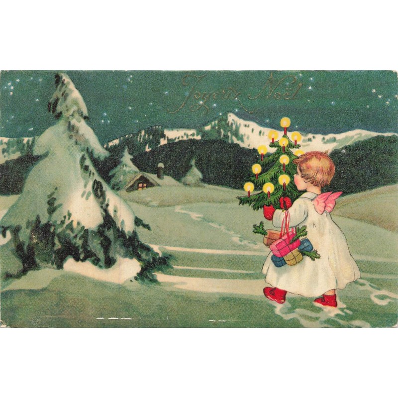 n°30116 - Joyeux Noël - Ange portant des cadeaux et un sapin marchant dans la nuit
