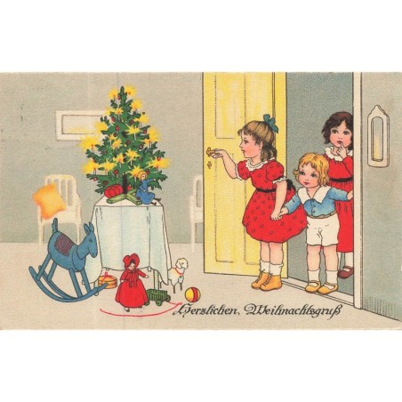 n°30117 - Noël - Herzlichen Weihnachtsgruss - Enfants entrant pour découvrir des jouets autour d'un sapin
