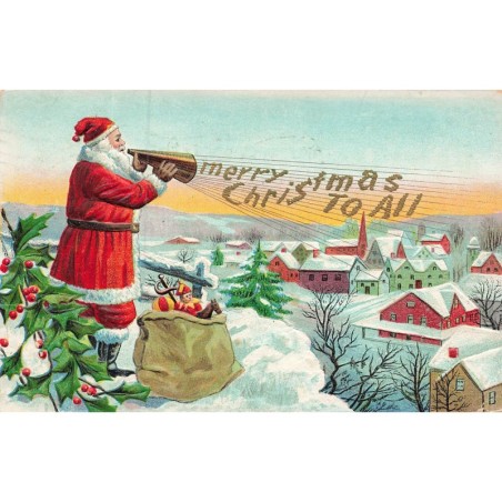 n°30118 - Carte Gaufrée - Noël - Merry Christmas to All - Père Noël parlant dans un mégaphone