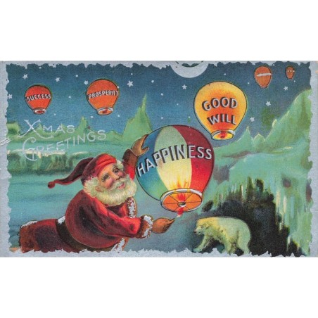 n°30125 - Carte Gaufrée - Noël - Xmas Greetings - Père Noël allumant des lanternes - Ours blanc