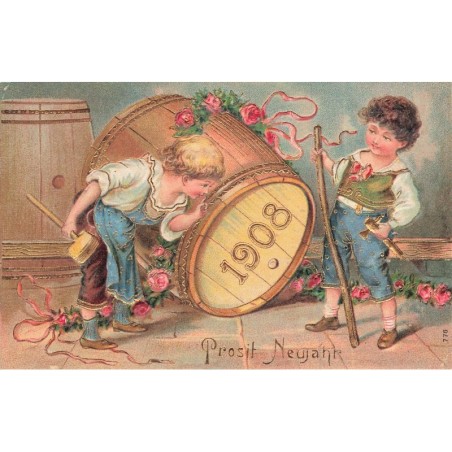 n°30127 - Carte Gaufrée - Nouvel An - Prosit Neujahr 1908 - Enfants près d'un tonneau