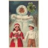 n°30128 - Carte Gaufrée - Nouvel An - Prosit Neujahr - Jeune couple sous une horloge humanisée