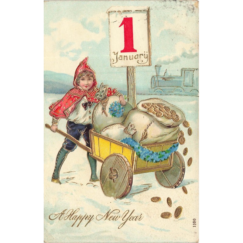 n°30132 - Carte Gaufrée - A Happy New Year - Garçon poussant une brouette remplie de sac de pièces d'or - Train