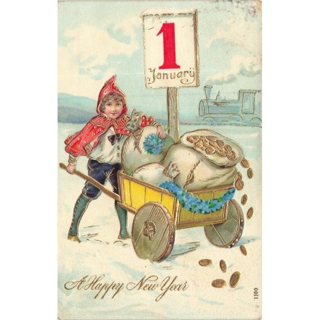 n°30132 - Carte Gaufrée - A Happy New Year - Garçon poussant une brouette remplie de sac de pièces d'or - Train