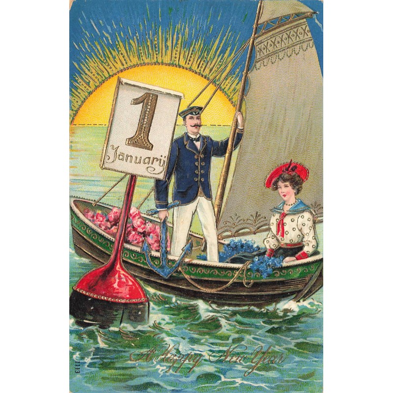 n°30133 - Carte Gaufrée - Nouvel An - A Happy New Year - Couple dans une barque