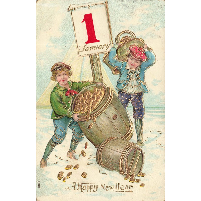 n°30134 - Carte Gaufrée - A Happy New Year - Garçons portant des tonneaux remplis de pièces d'or