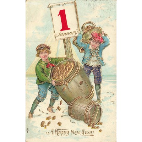 n°30134 - Carte Gaufrée - A Happy New Year - Garçons portant des tonneaux remplis de pièces d'or