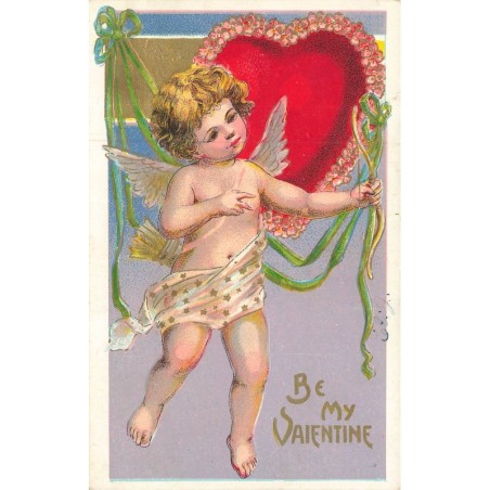 n°30140 - Carte Gaufrée - Saint-Valentin - Be my Valentine - Cupidon devant un coeur