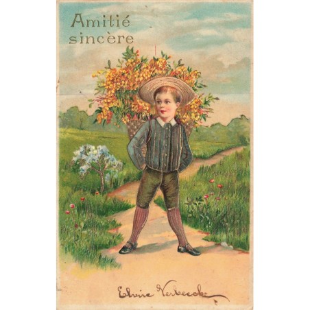 n°30144 - Carte Gaufrée - Fantaisie - Amitié sincère - Garçon portant une hotte remplie de fleurs