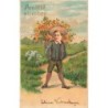 n°30144 - Carte Gaufrée - Fantaisie - Amitié sincère - Garçon portant une hotte remplie de fleurs
