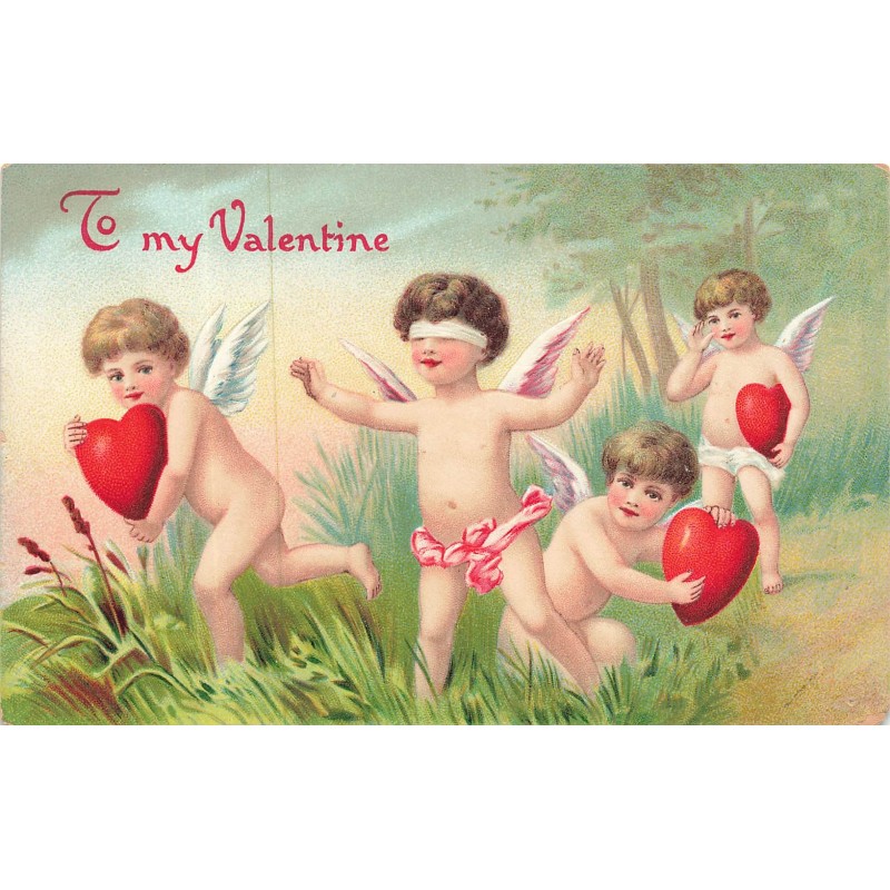 n°30164 - Carte Gaufrée - Saint-Valentin - To my Valentine - Anges jouant à colin maillard