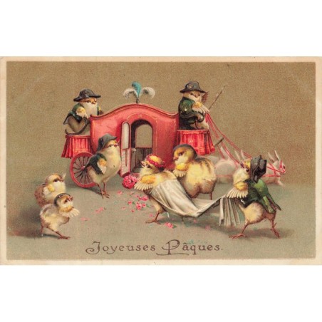 n°30166 - Carte Gaufrée - Joyeuses Pâques - Mariage de poussins, les mariés montant dans une diligence