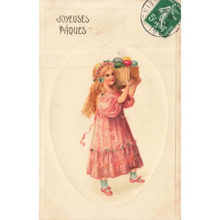 n°30167 - Carte Gaufrée - Joyeuses Pâques - Jeune fille portant un panier rempli d'oeufs