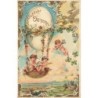 n°30171 - Carte Gaufrée - Fröhliche Ostern - Ange assis dans une nacelle sous un oeuf servant de ballon