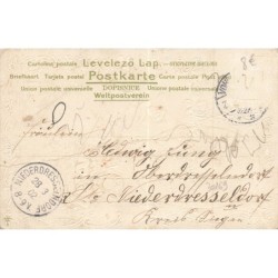n°30171 - Carte Gaufrée - Fröhliche Ostern - Ange assis dans une nacelle sous un oeuf servant de ballon