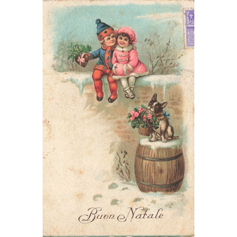 n°30172 - Noël - Buon Natale - Couple d'enfant assis sur un mur, près d'un chien - Bouledogue français