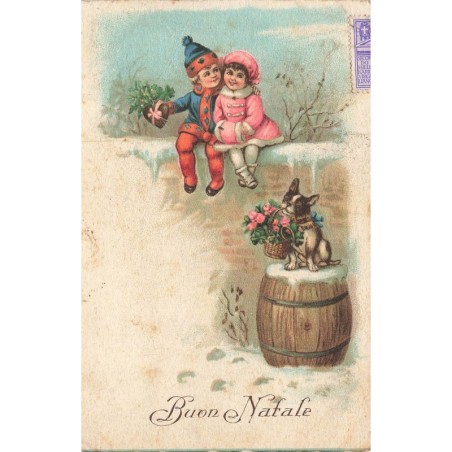 n°30172 - Noël - Buon Natale - Couple d'enfant assis sur un mur, près d'un chien - Bouledogue français