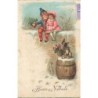 n°30172 - Noël - Buon Natale - Couple d'enfant assis sur un mur, près d'un chien - Bouledogue français