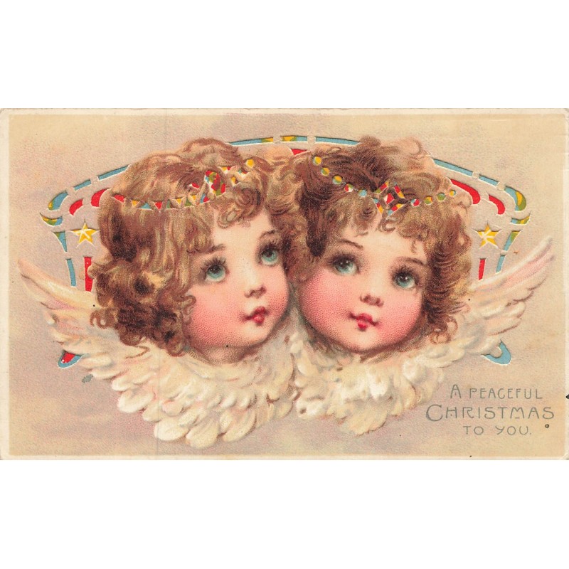 n°30176 - Carte à Système Lumineux - Hold to Light - Style Brundage - A Peaceful Christmas to You - Têtes d'Anges