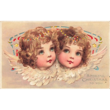 n°30176 - Carte à Système Lumineux - Hold to Light - Style Brundage - A Peaceful Christmas to You - Têtes d'Anges