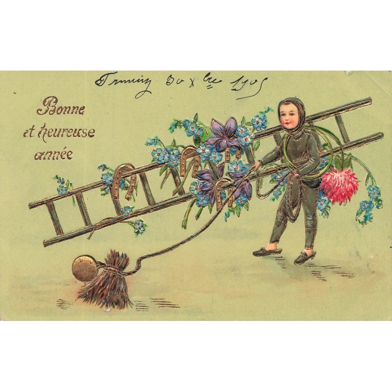 n°30178 - Carte Gaufrée - Bonne et Heureuse Année - Ramoneur portant son échelle