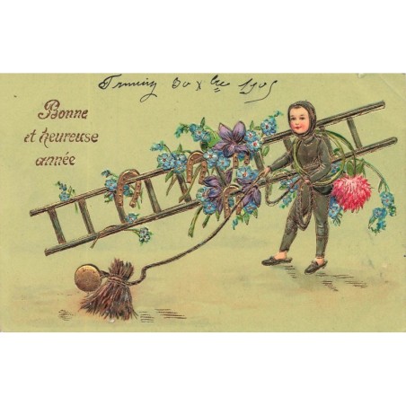 n°30178 - Carte Gaufrée - Bonne et Heureuse Année - Ramoneur portant son échelle