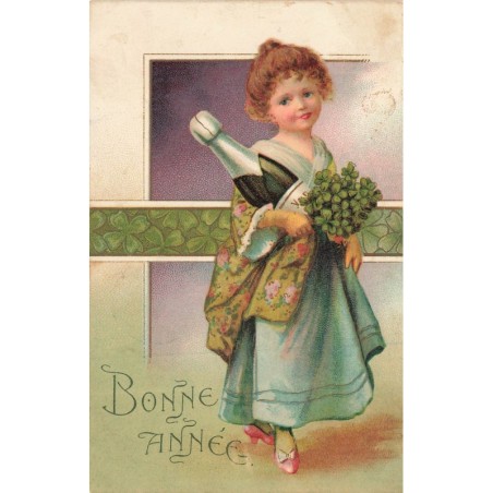 n°30180 - Clapsaddle - Bonne Année - Fillette tenant un bouquet de violettes et une bouteille de champagne