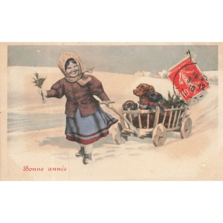 n°30181 - Bonne Année - Jeune femme tirant des teckels dans un petite charette - Dackel