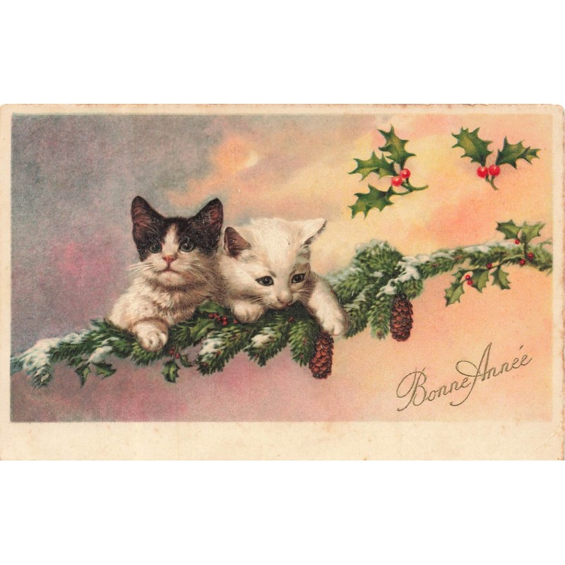 n°30182 - Chat - Bonne Année - Deux chatons sur une branche enneigée