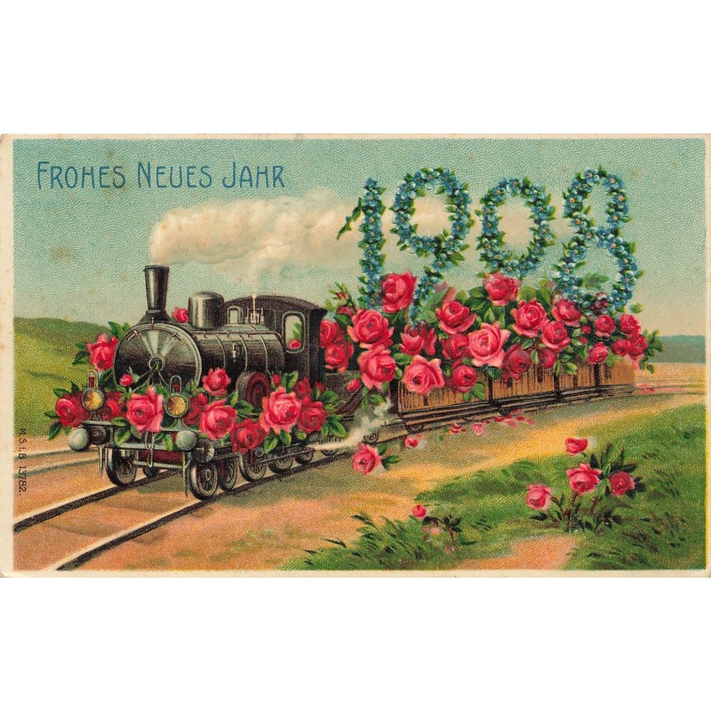 n°30184 - Carte Gaufrée - MSIB 13782 - Fröhes Neues Jahr 1908 - Train fleuri